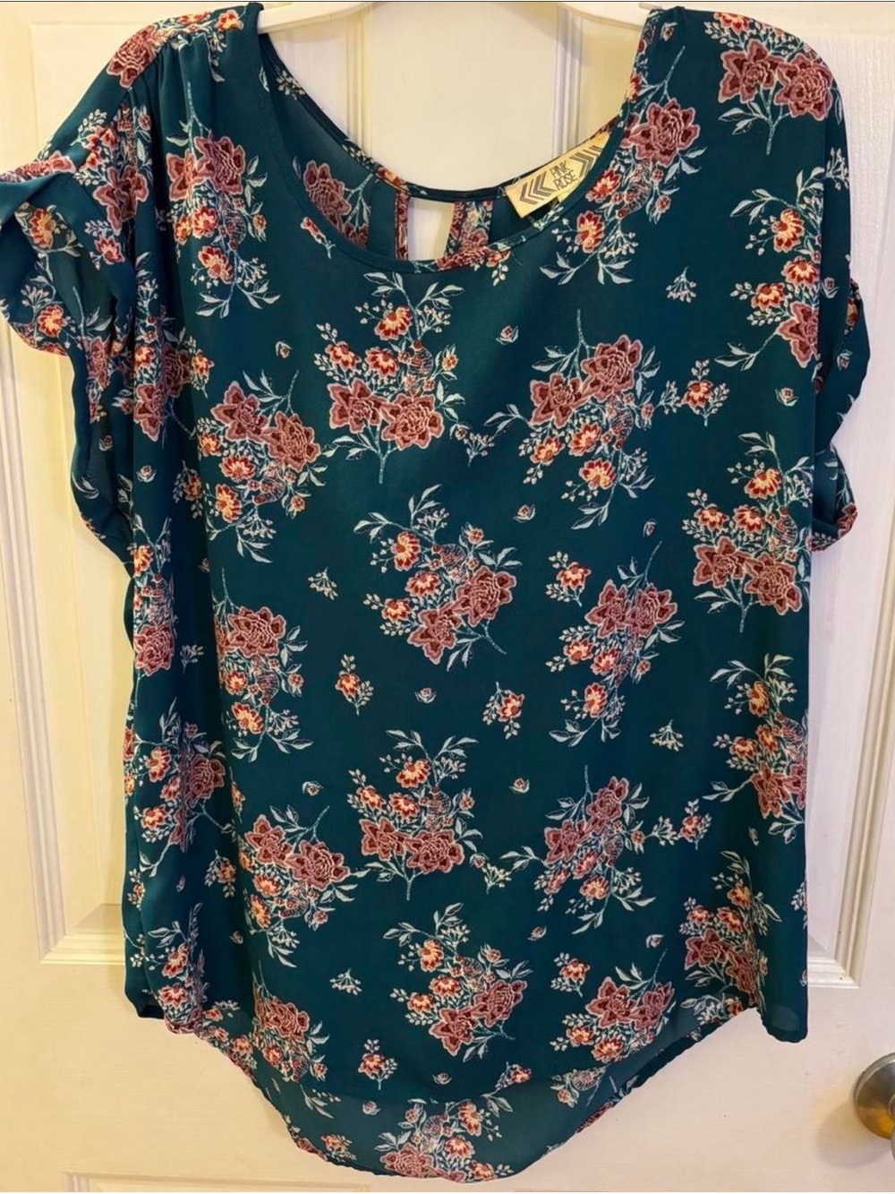 Pink Rose Teal Floral Short-Sleeve Blouse with Coral Accents